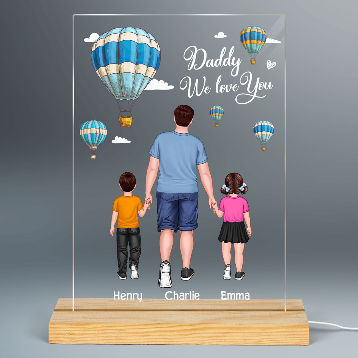 Air Balloons Dad We Love You Back View Dad And Kids Walking Personalized Rectangle Acrylic Plaque LED Night Light