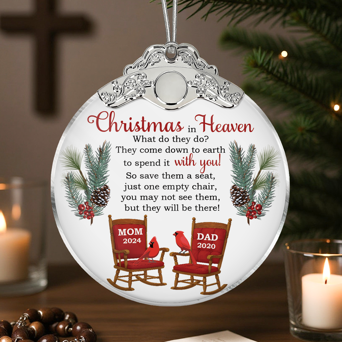 Christmas In Heaven Save A Seat - Personalized Glass Ornament With Silver Cap - Christmas Memorial Keepsake For Family