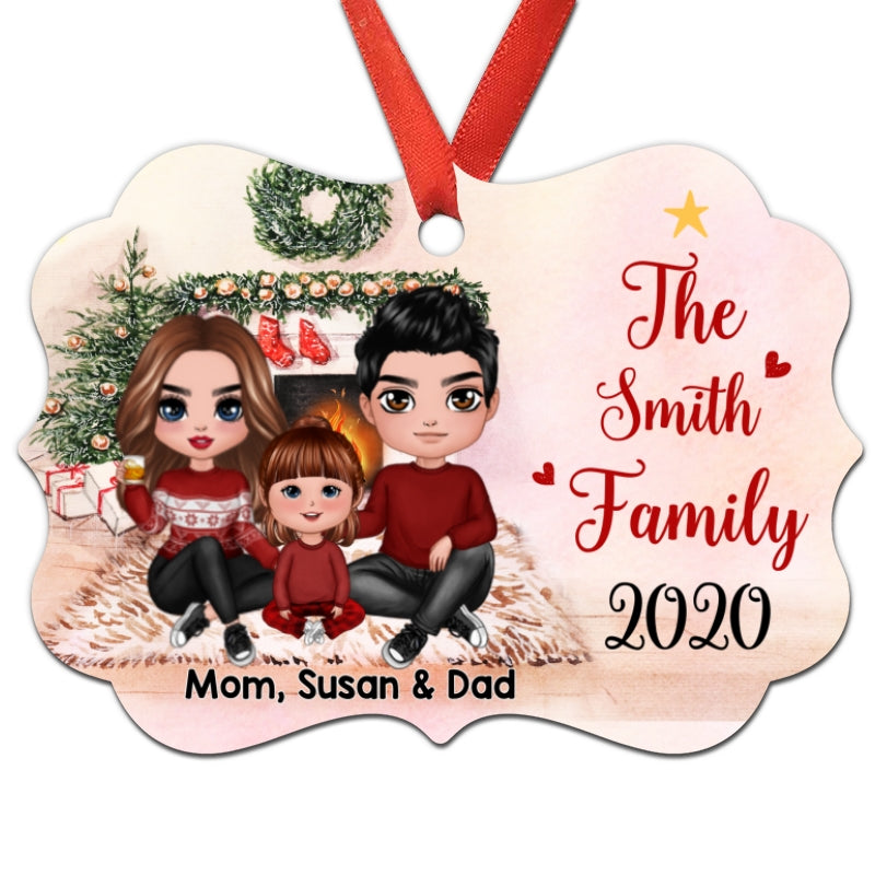 Family Sitting Beside Fireplace Personalized Christmas Ornament