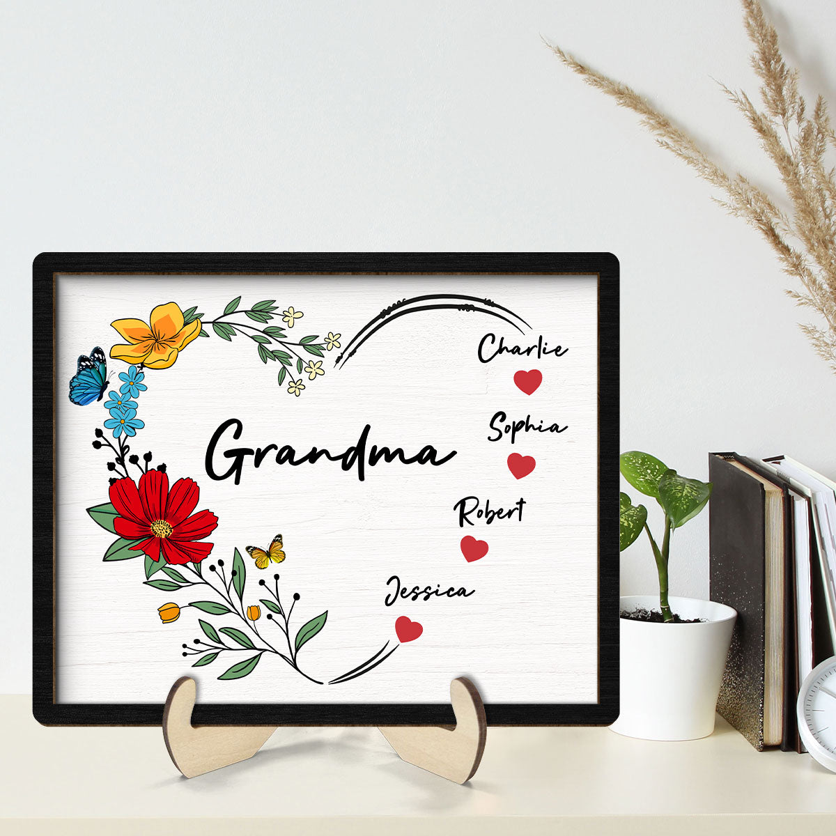Grandma Mom Hearts Flower Kids Names Personalized 2-layer Wooden Plaque