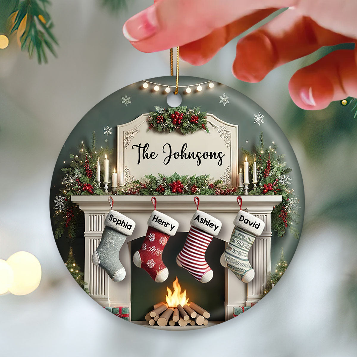 Family Christmas Fireplace With Stockings Personalized Ceramic Ornament