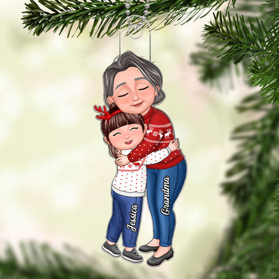 New Face Grandma & Grandkid Hugging Eyes Closed Personalized Acrylic Ornament