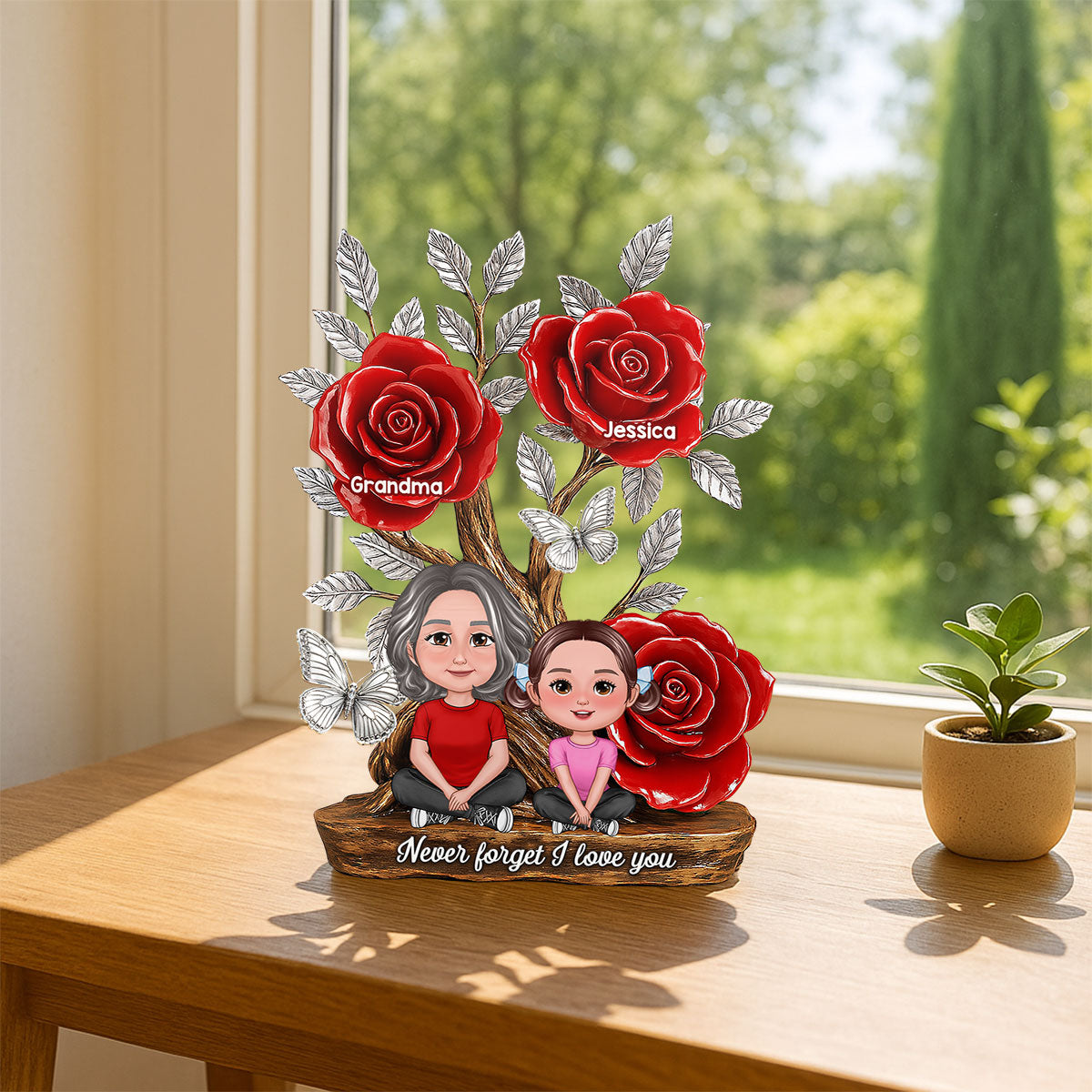 Mom Grandma & Kids Sitting Under Tree With Roses Personalized Acrylic Block Plaque
