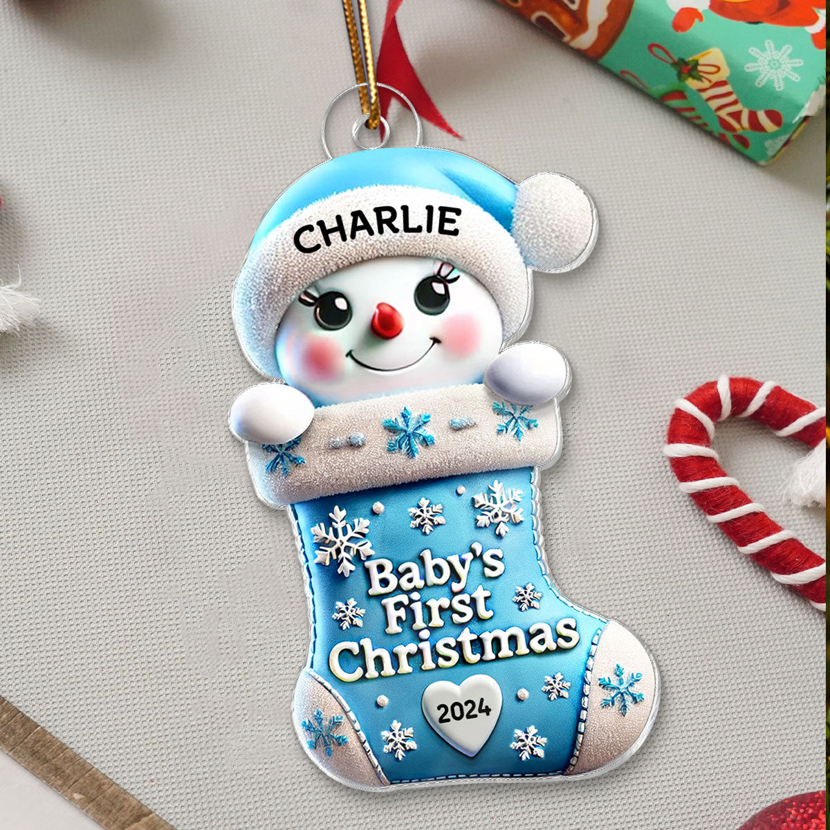 Baby First Christmas Snowman On Stocking 1st Christmas Keepsake Personalized Acrylic Ornament