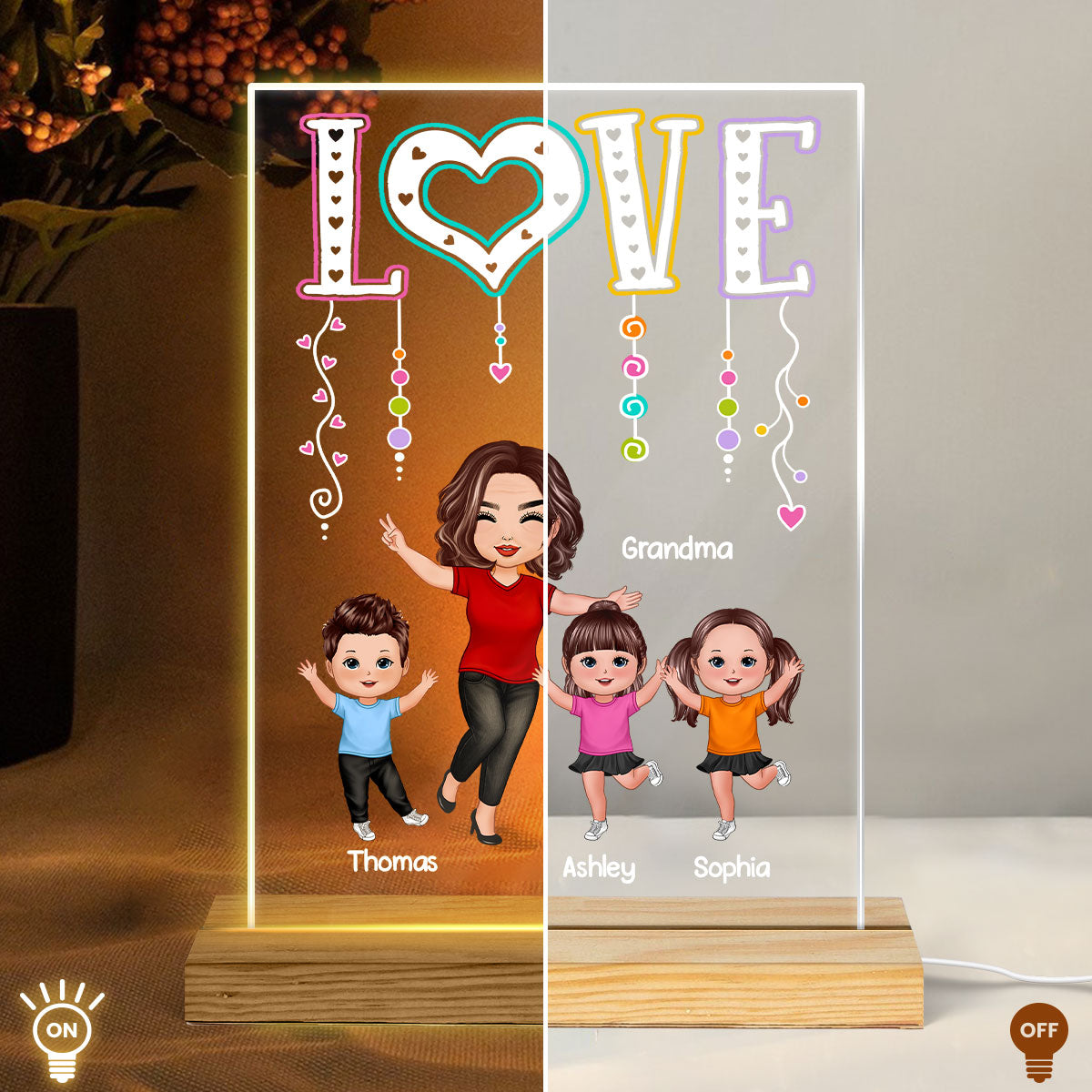 LOVE Happy Doll Grandma Mom With Kids - Personalized Acrylic Block Plaque LED Night Light