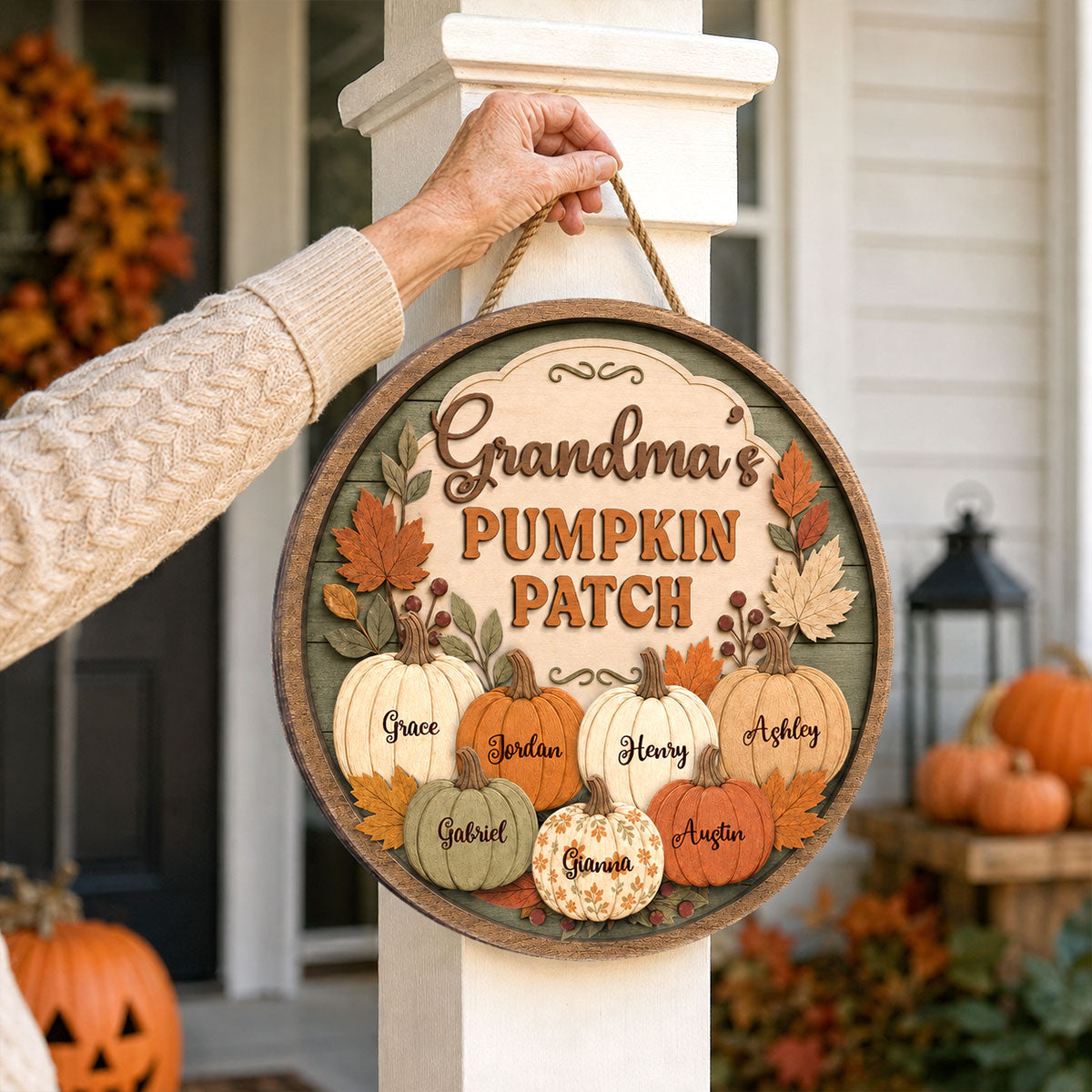 Grandma's Pumpkin Patch Vintage Style 2D Flat Printed - Personalized Door Hanger - Fall Season Decor For Grandparents
