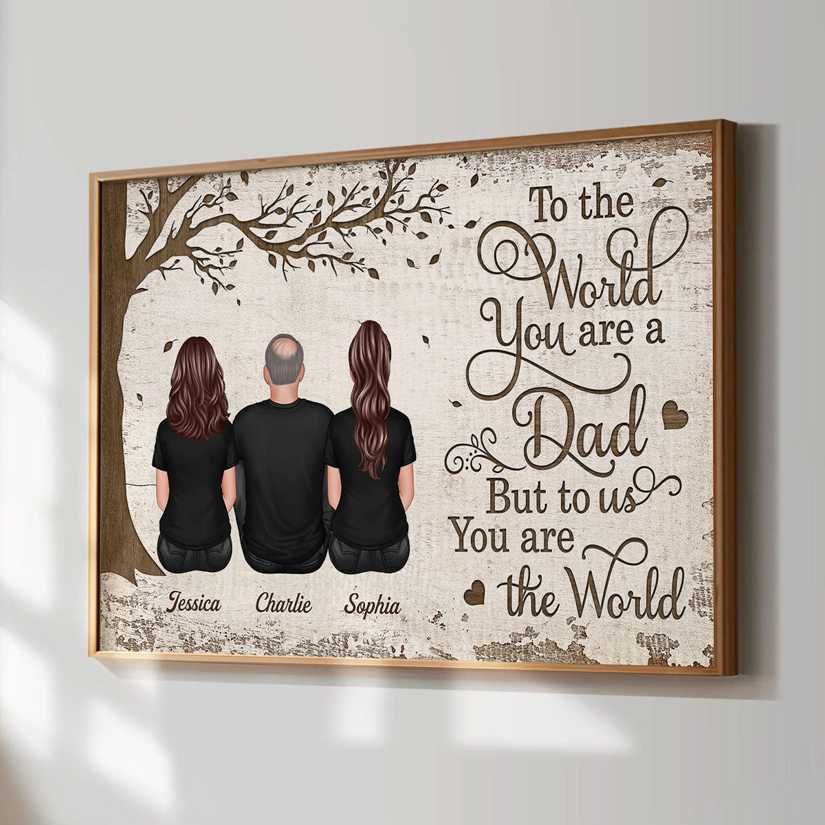Back View Dad And Kids Dogs Cats Sitting - Personalized Poster - Gift For Dad, Husband
