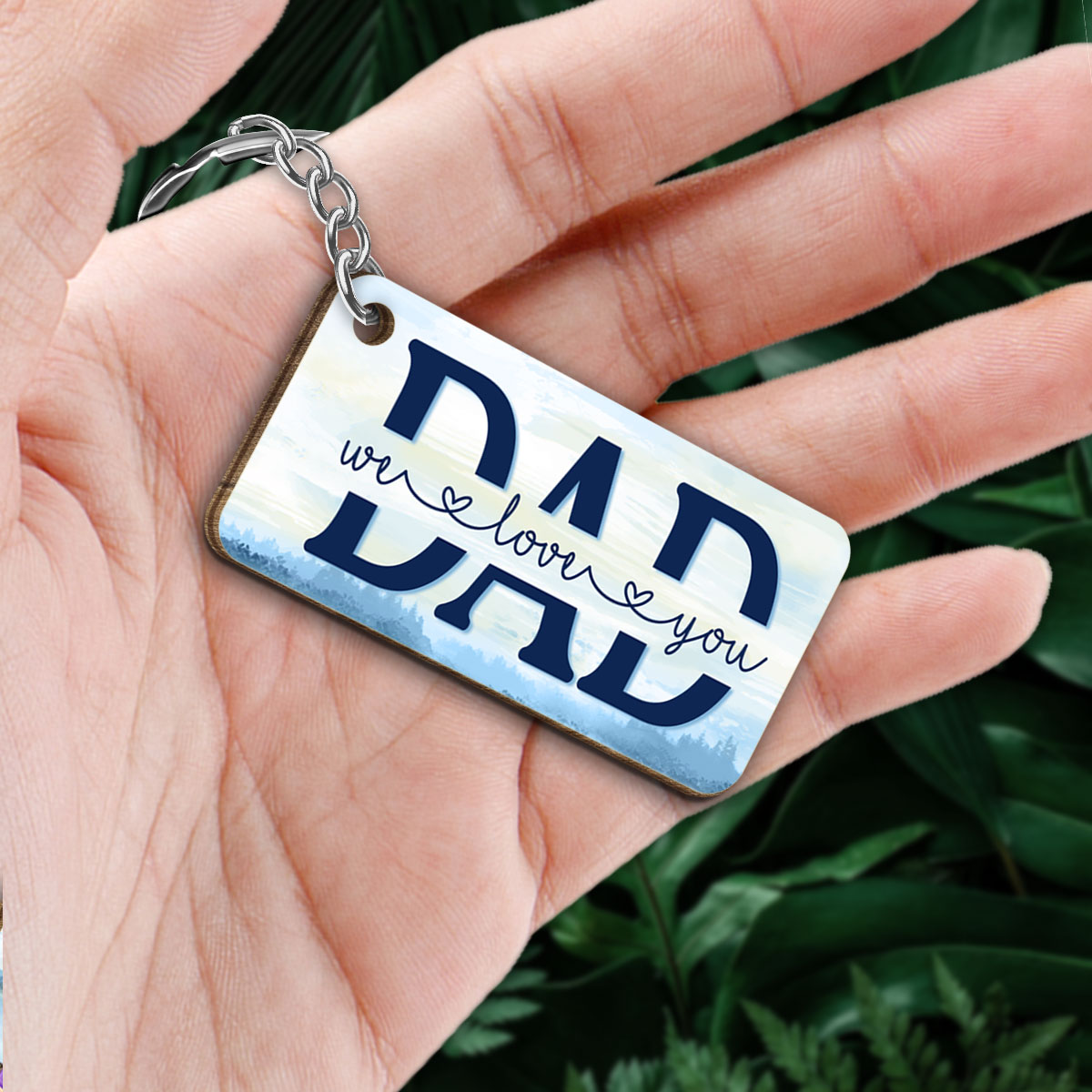 Dad And Kids Back View Lake Personalized Wooden Keychain
