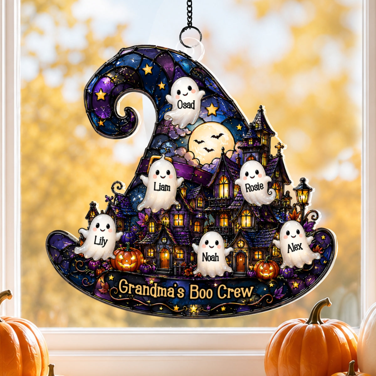 Halloween Village Witch Hat Grandma - Personalized Suncatcher - Halloween Decor Gift, Gift For Grandma