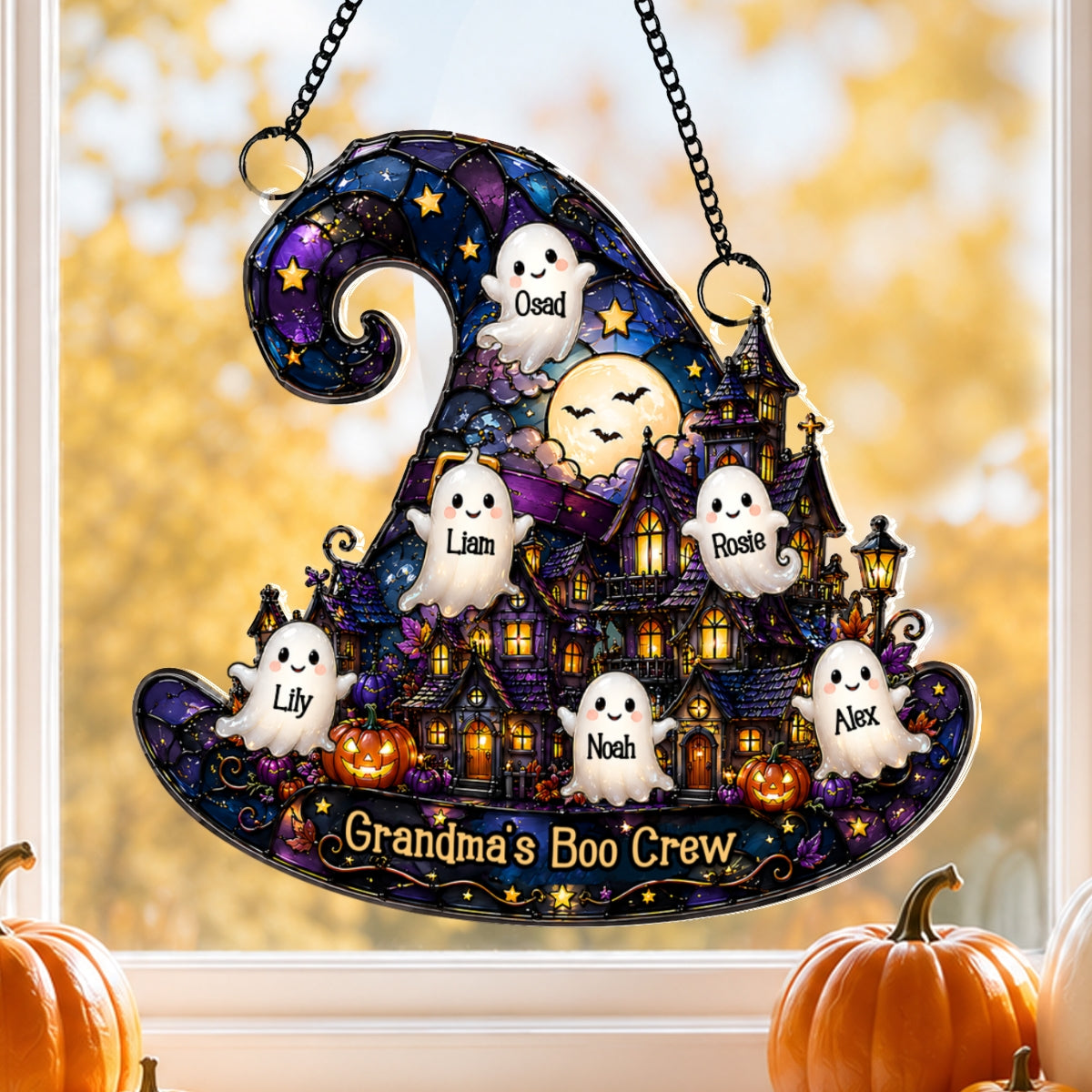 Halloween Village Witch Hat Grandma - Personalized Acrylic Window Hanging - Halloween Decor Gift, Gift For Grandma