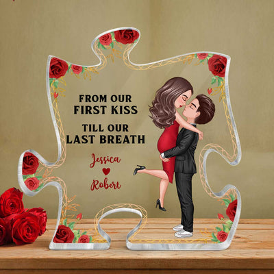 Hugging Couple From Our First Kiss Couple Personalized Acrylic Puzzle Plaque