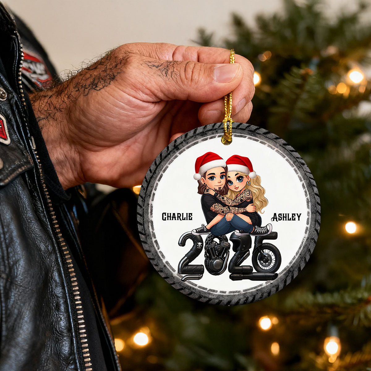 3D Effect Biker Couple Christmas - Personalized Ceramic Ornament - Gift For Bikers, Gift For Him, For Her