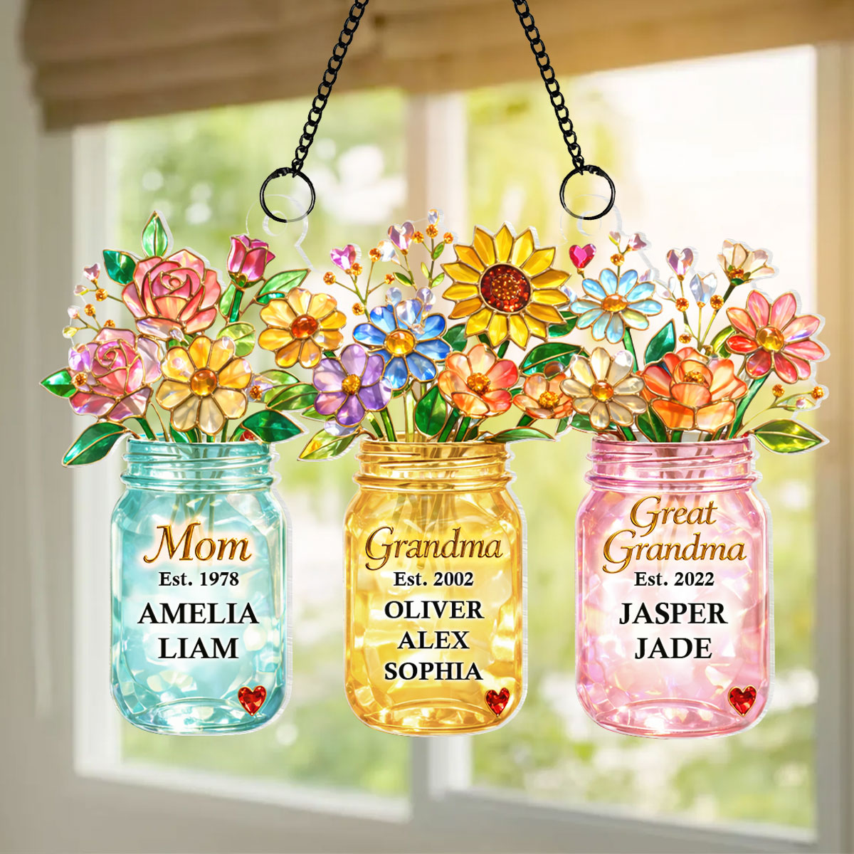 Mom Grandma Greatgrandma Flower - Personalized Acrylic Window Hanging - Heartfelt Gift for Mom, Grandma
