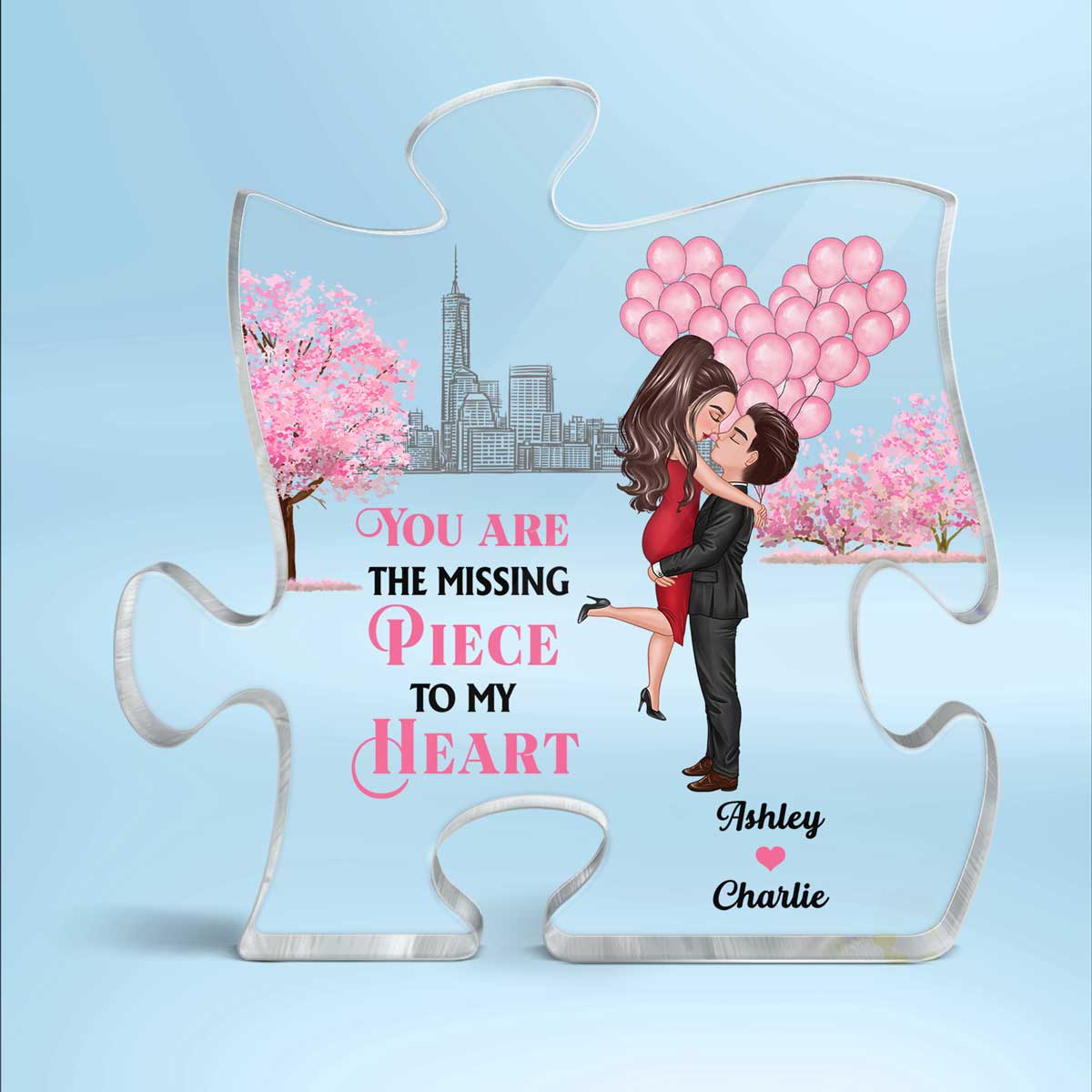 Skyline Pink Tree Heart Balloon Kissing Hugging Couple Personalized Acrylic Puzzle Plaque