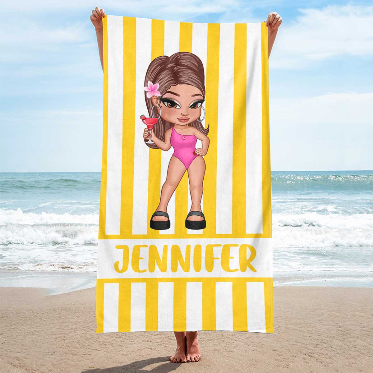 Striped Personalized Beach Towel, Vintage Y2K Bridesmaid Towel, Birthday Vacation Gift, Besties Summer Gift