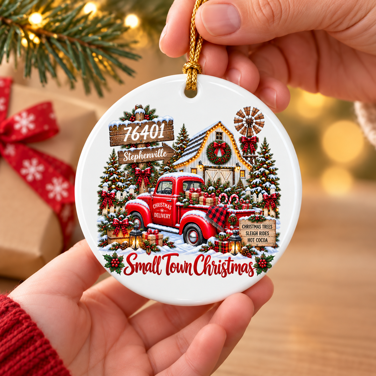 Custom Zip Code Small Town Christmas - Personalized Ceramic Ornament - Trendy Christmas Holiday Tee, Town Pride