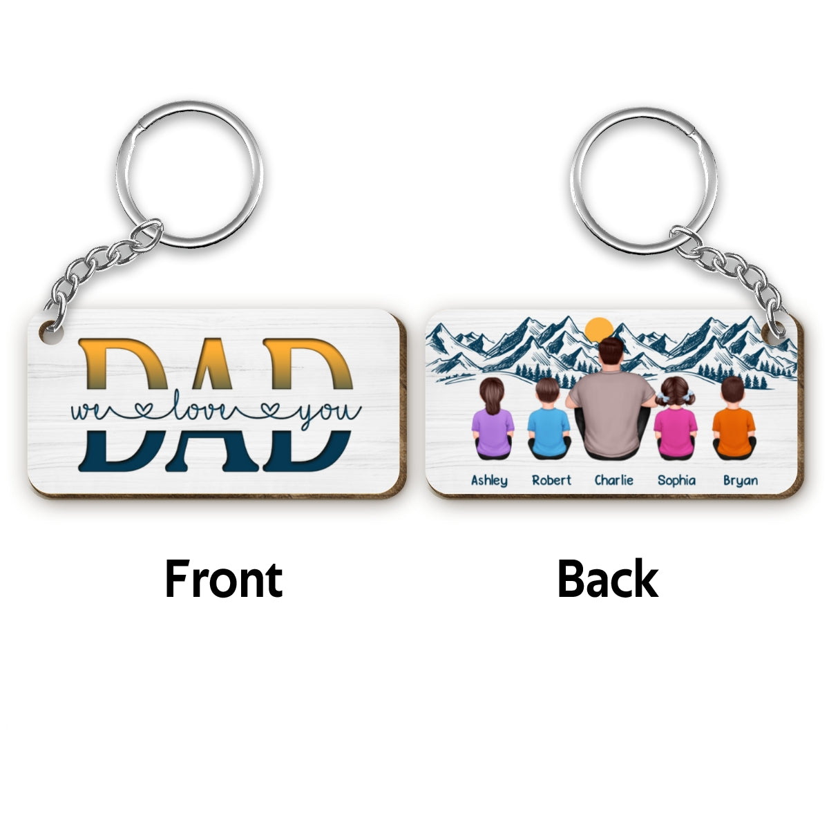 Best Dad Back View Yellow Green Personalized Wooden Keychain