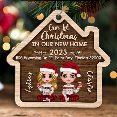 Doll Couple Housewarming Gift Personalized House Shaped Wooden Ornament