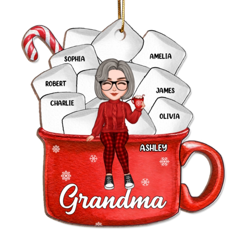 Grandma Mom Hot Cocoa Kids Marshmallows Personalized Wooden Ornament