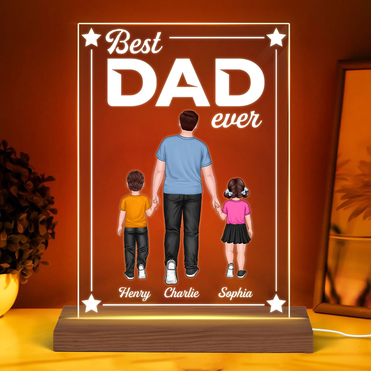 Best Dad Grandpa Ever Walking Man And Kids Personalized Rectangle Acrylic LED Night Light