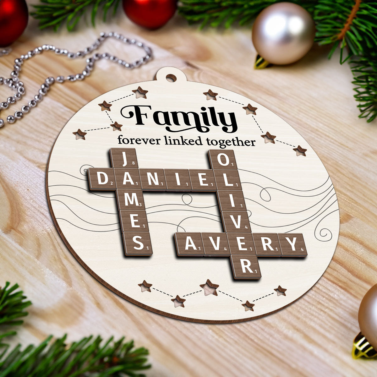 Family Forever Linked Together Puzzle Crossword Personalized 2-Layer Wooden Ornament, Christmas Gift For Family