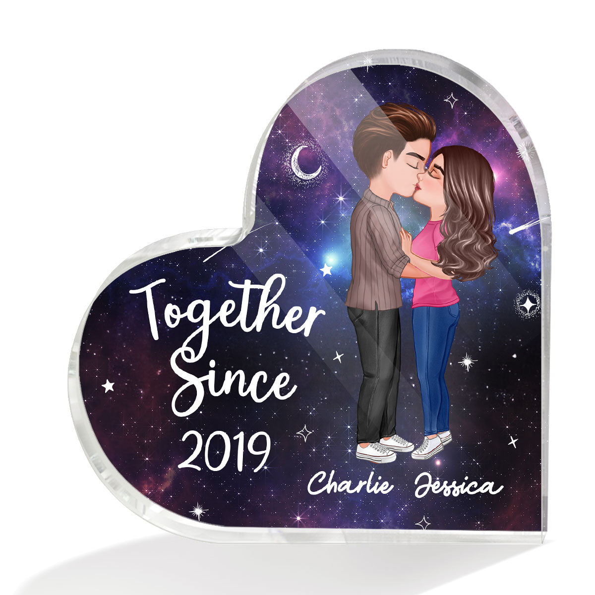 Doll Couple Kissing In Galaxy Night Personalized Heart Acrylic Plaque