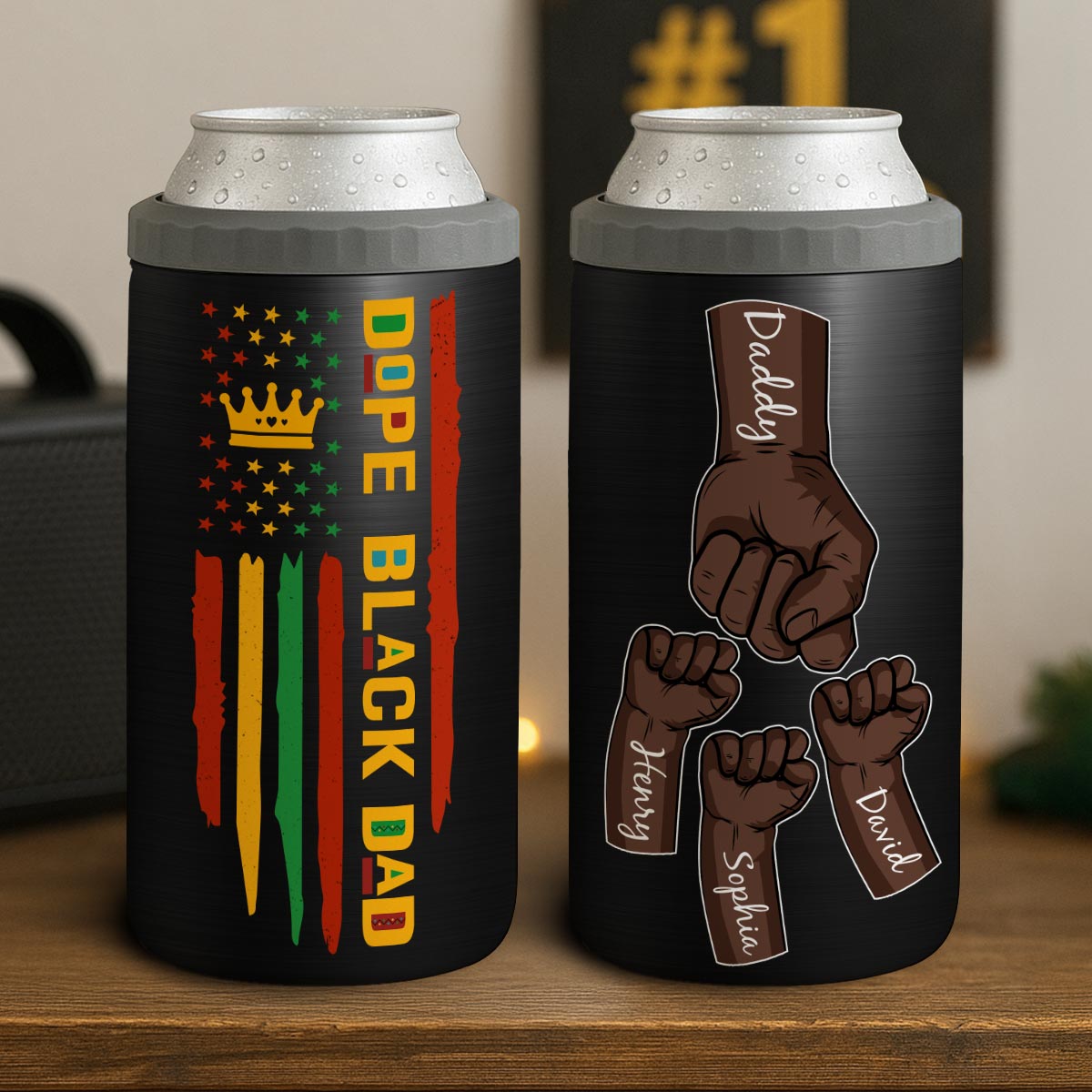 Dope Black Dad Juneteenth Flag Fist Bumps Personalized 4-in-1 Can Cooler