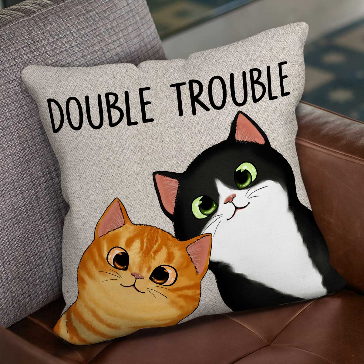 Peeking Fluffy Cat Double Trouble Personalized Pillow