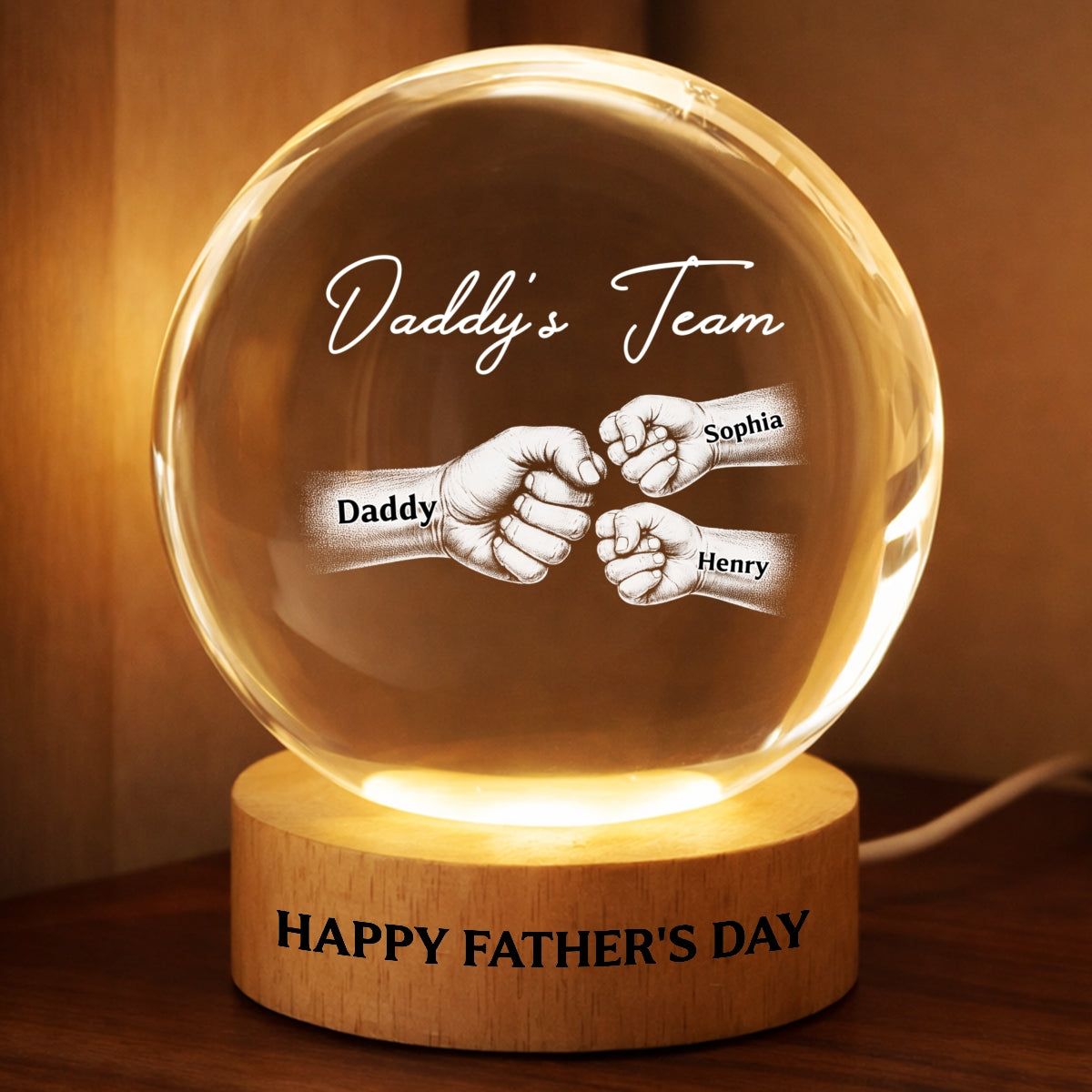 Daddy's Team Fist Bump - Personalized Crystal Ball LED Night Light - Father's Day Gift For Dad, Husband