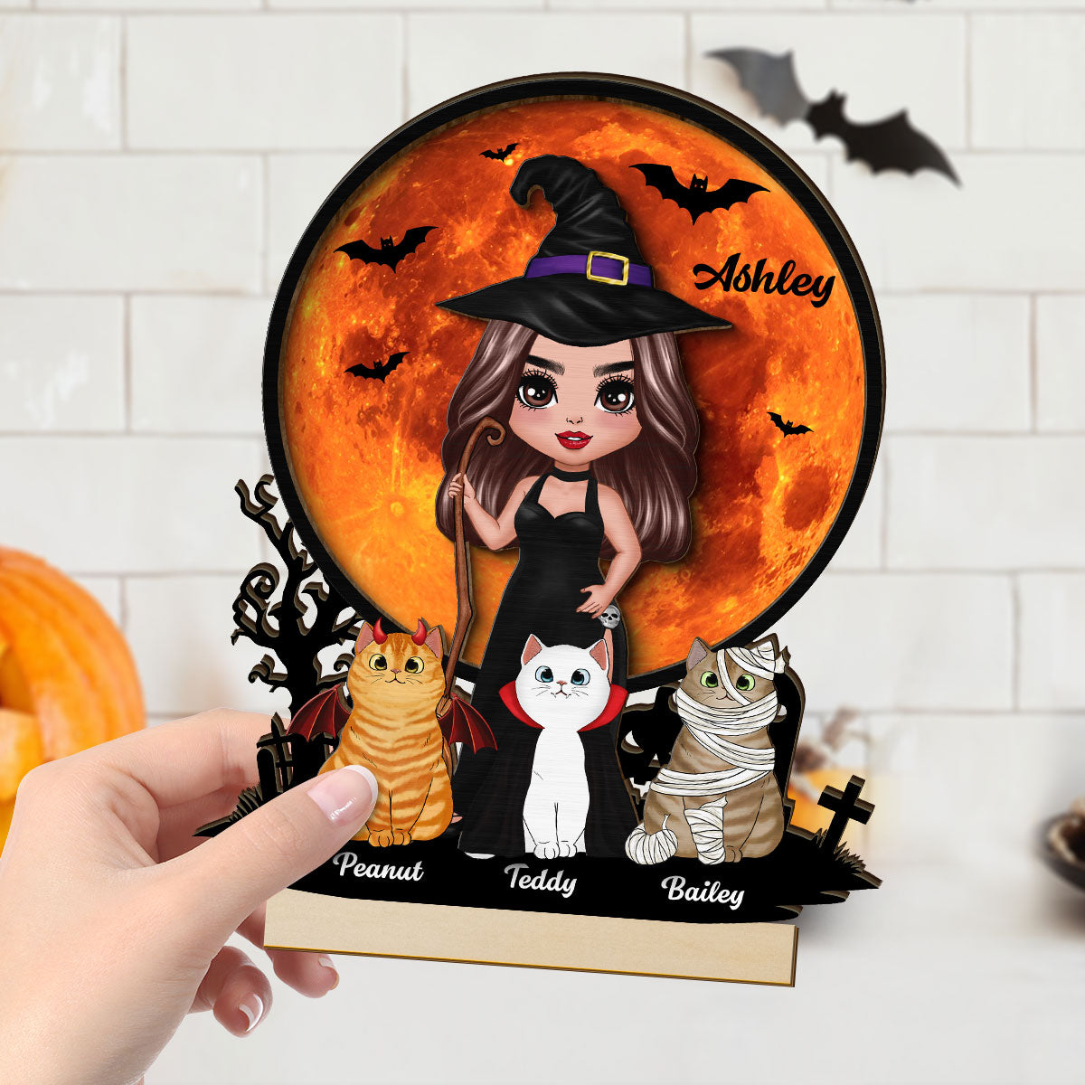 Witch Cat Mom Under Halloween Moon Tabletop Tier Tray Decor Personalized 2-Layer Standing Wooden Plaque