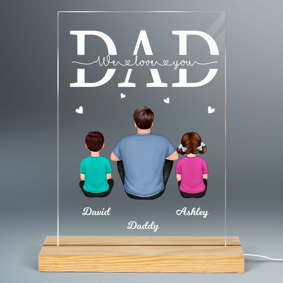 Back View Dad And Kids Dogs Cats Sitting Father‘s Day Gift Personalized Personalized Rectangle LED Night Light