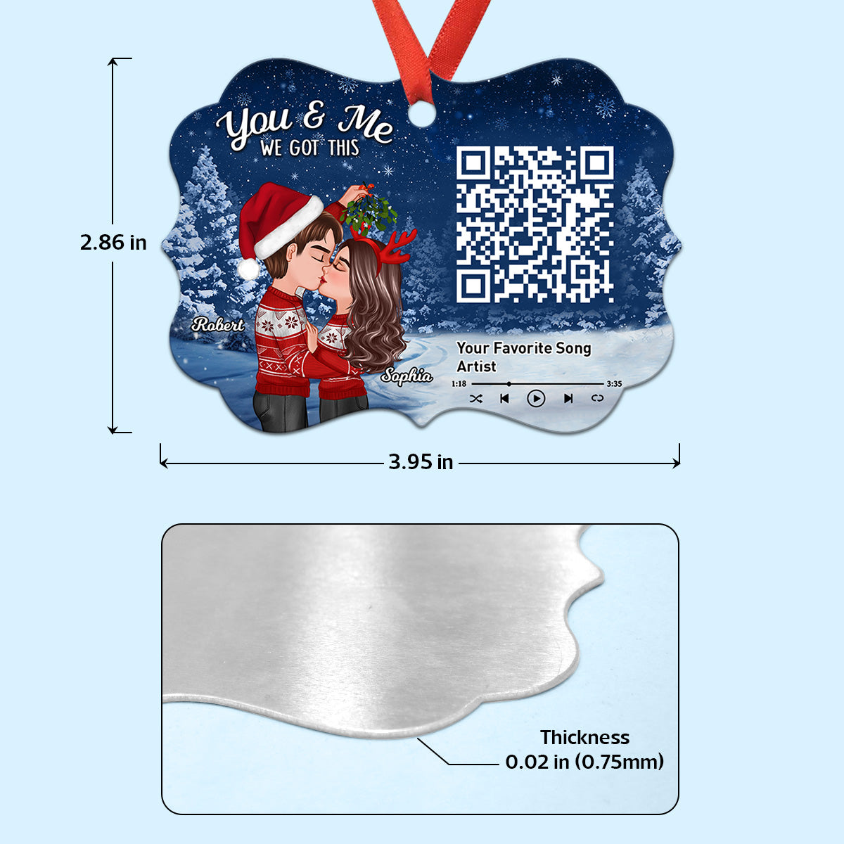 Galaxy Night Couple Kissing Under Mistletoe Favorite Song Scannable QR Code Christmas Personalized Christmas Ornament
