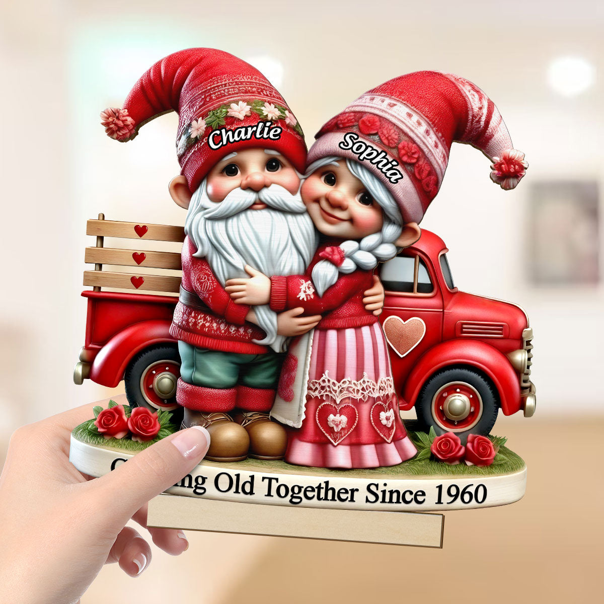 3D Effect Gnome Couple  Truck Personalized 2-Layer Standing Wooden Plaque, Heartfelt Gift For Her, For Wife