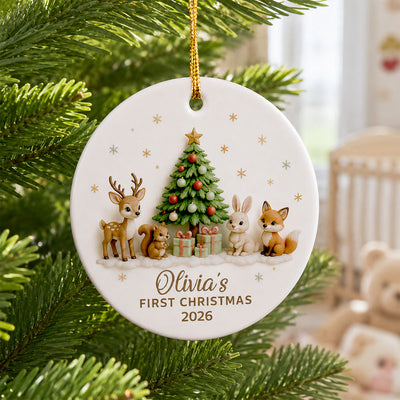 Baby’s First Christmas Tree & Woodland Animals 2D Flat - Personalized Ceramic Ornament - New Baby Christmas Keepsake