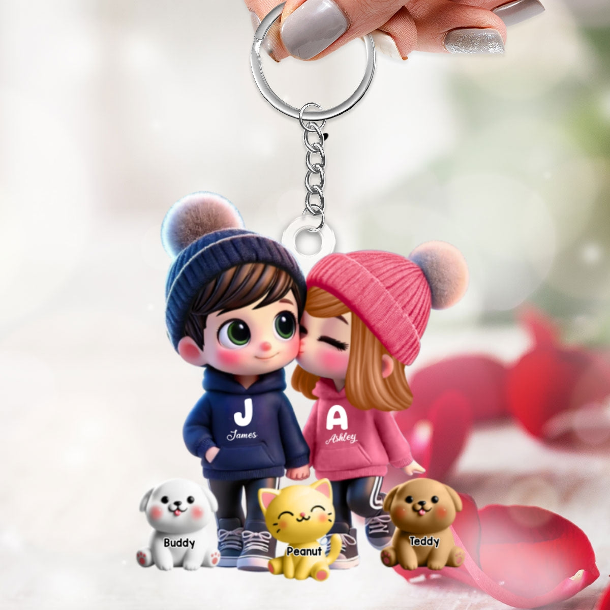 3D Effect Cute Cartoon Couple You Me And The Dog Cat Personalized Acrylic Keychain,  Unique Valentine's Day Gift For Him, Gift For Her