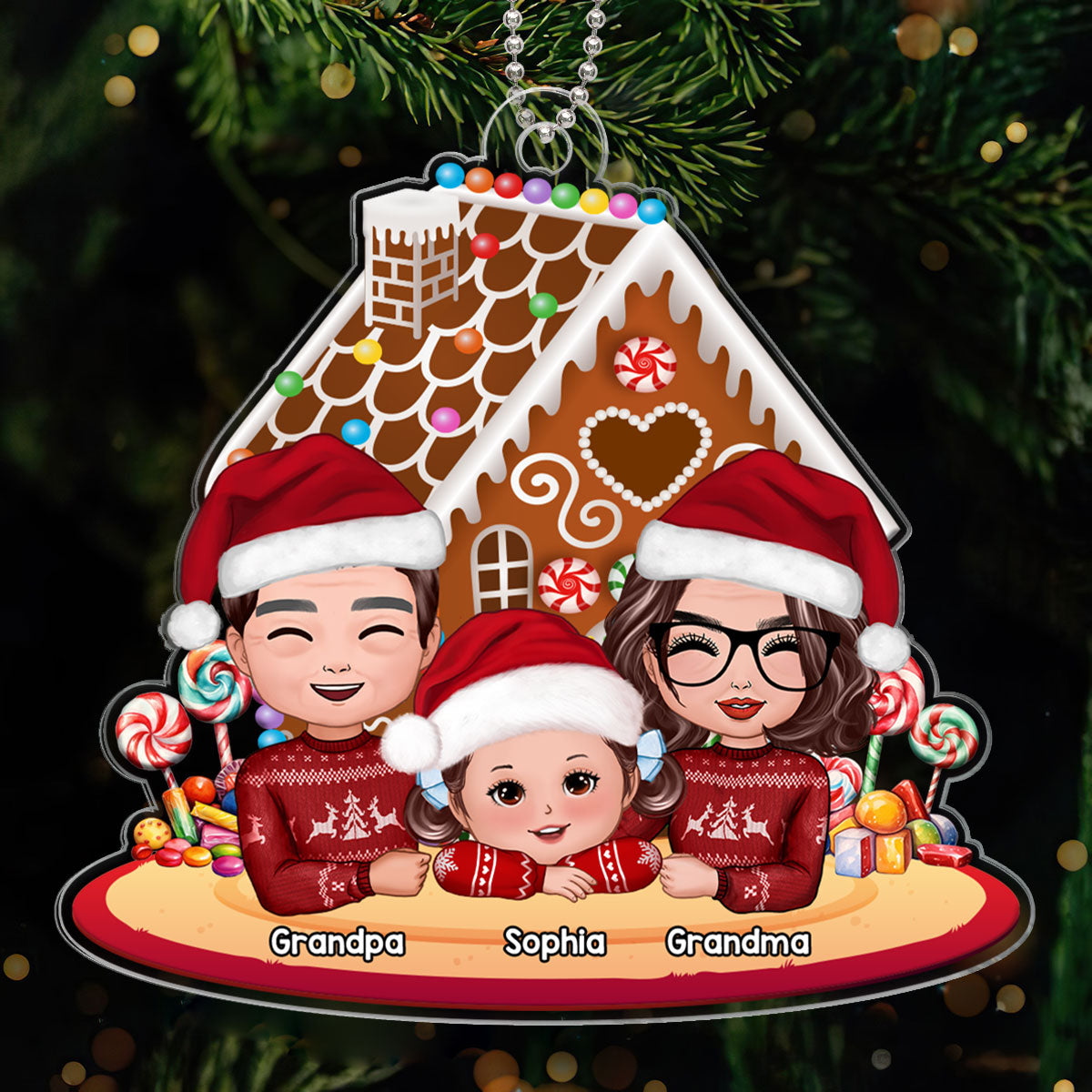 Grandma Grandpa Grandkid Gingerbread House Christmas Personalized Acrylic Ornament