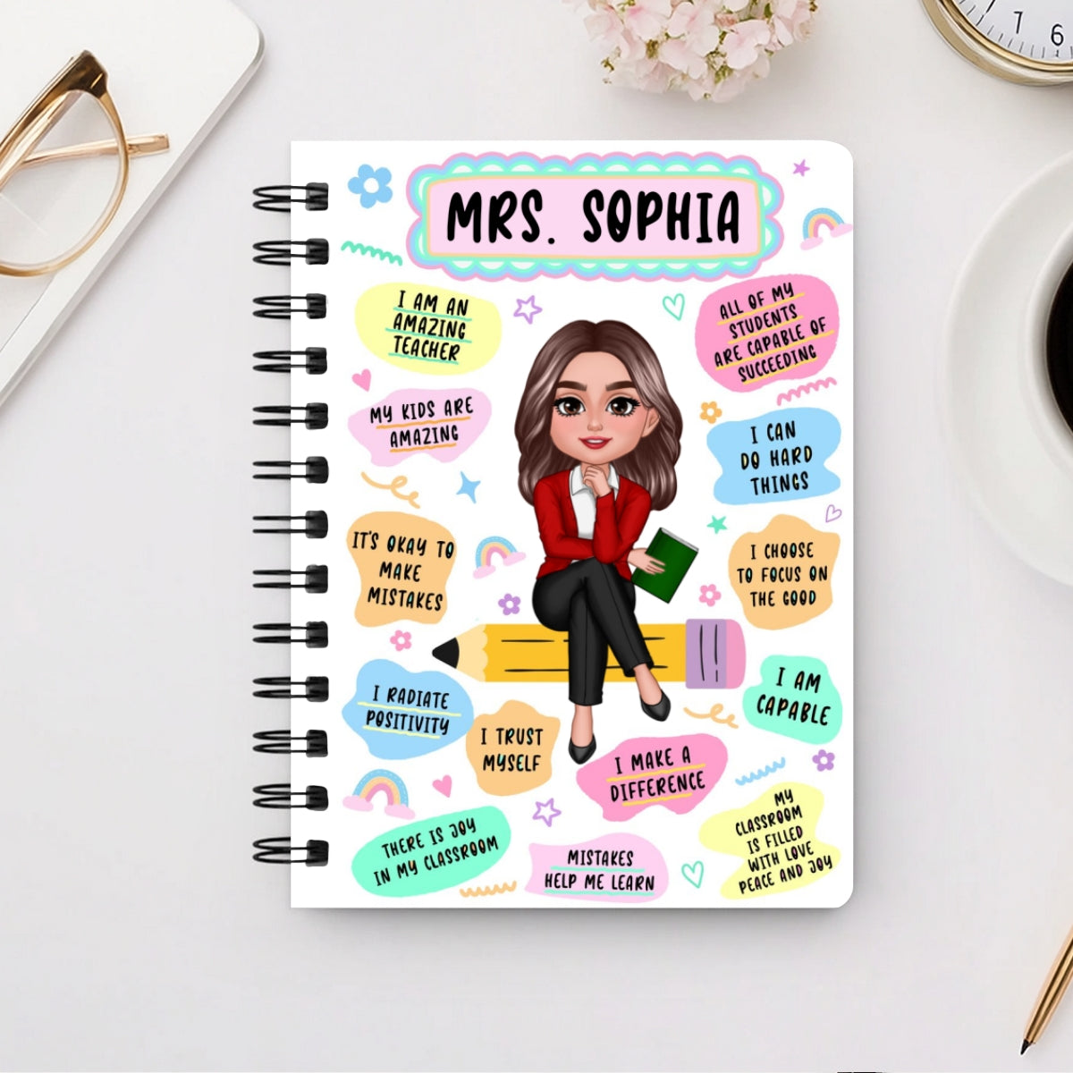 Teacher Daily Affirmation Personalized Spiral Notebook Journal, Back To School Stationery For Teacher