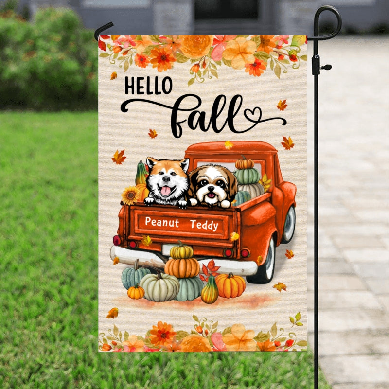 Hello Fall Dogs And Cats On Truck - Personalized Garden Flag