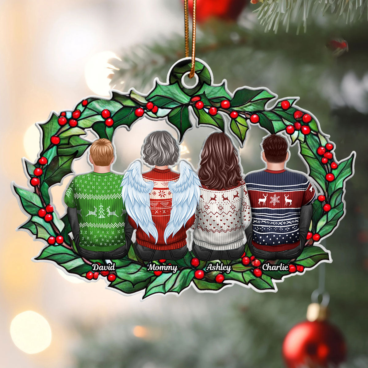 Christmas Family Sitting Back View Holly Branch Personalized Acrylic Ornament, Christmas Gift For Family