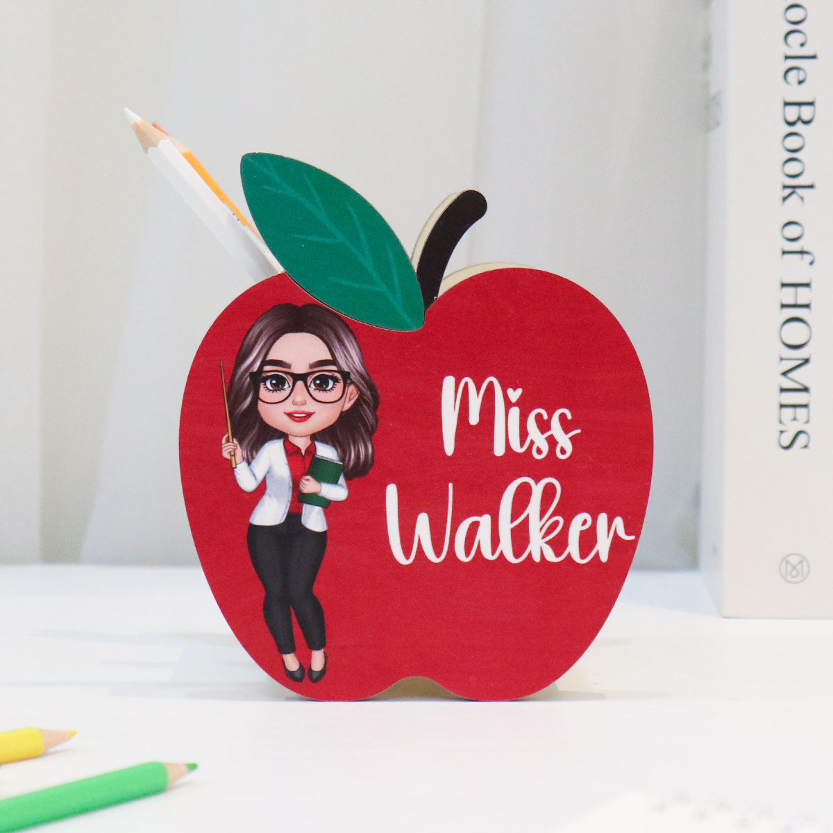 Happy Doll Teacher Personalized Apple Shaped Pen Pencil Holder, Office Decor for Teacher