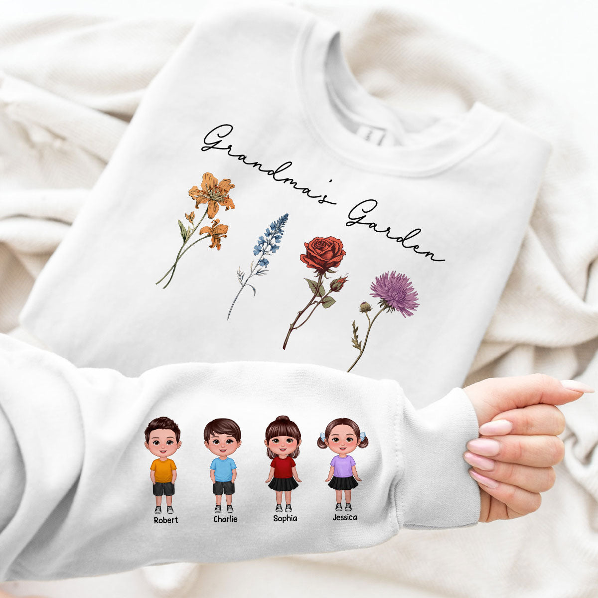 Grandma's Garden Kids On Sleeve, Custom Birthflower Sweatshirt, Gift for Grandma, Love Grows Here, Mom's Garden, Gift, Personalized Sleeve Printed Sweatshirt