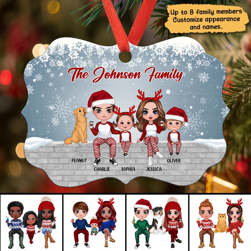 Doll Family Sitting On Snow Wall Personalized Christmas Ornament