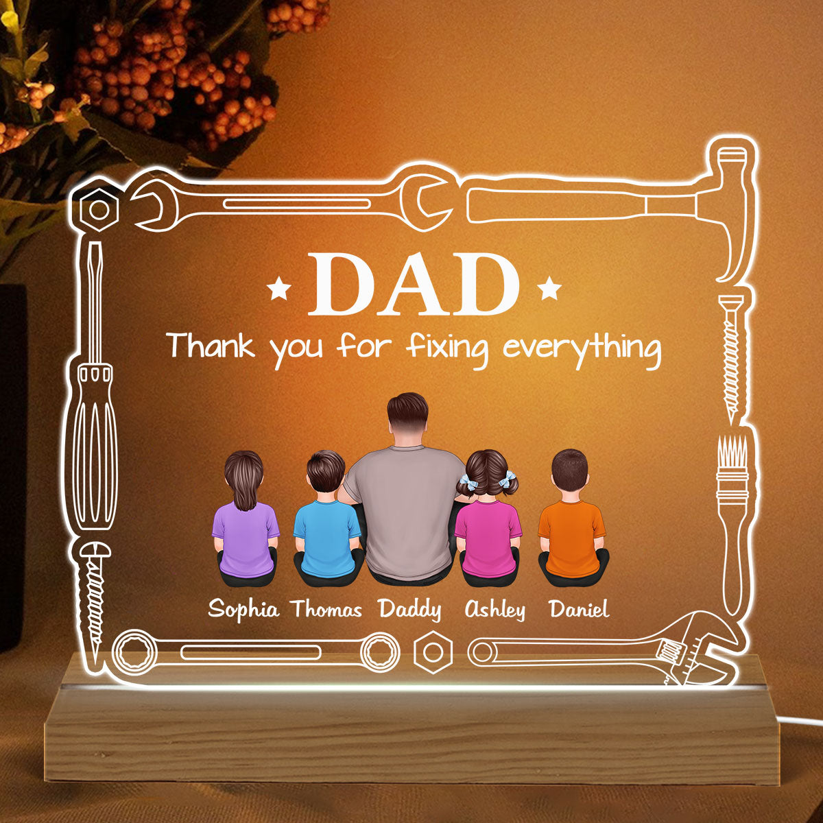 Tools Frame Back View Man Sitting With Kids Personalized Custom Shape Acrylic Plaque Warm LED Night Light