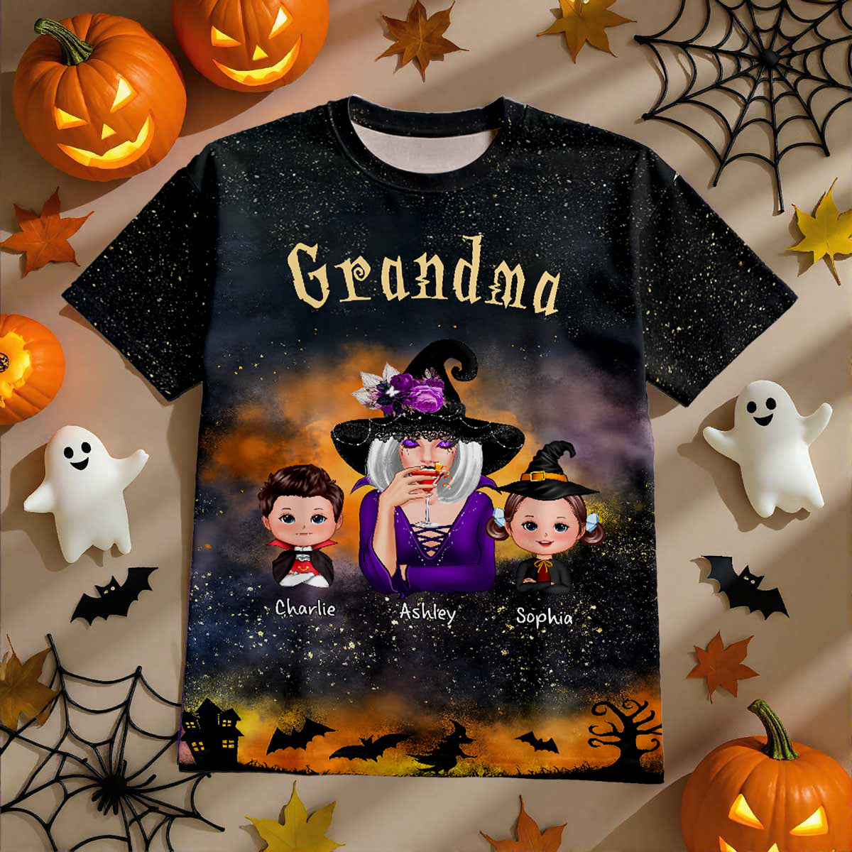 Grandma & Kids Witchy Ombre Tie-Dye Pattern Personalized Shirt Perfect Halloween Costume For Grandma