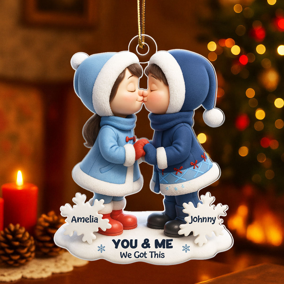 Cute Cartoon Couple Hugging Kissing Personalized Ornament, 3D Effect Acrylic Ornament, Christmas Gift for him, Gift for her