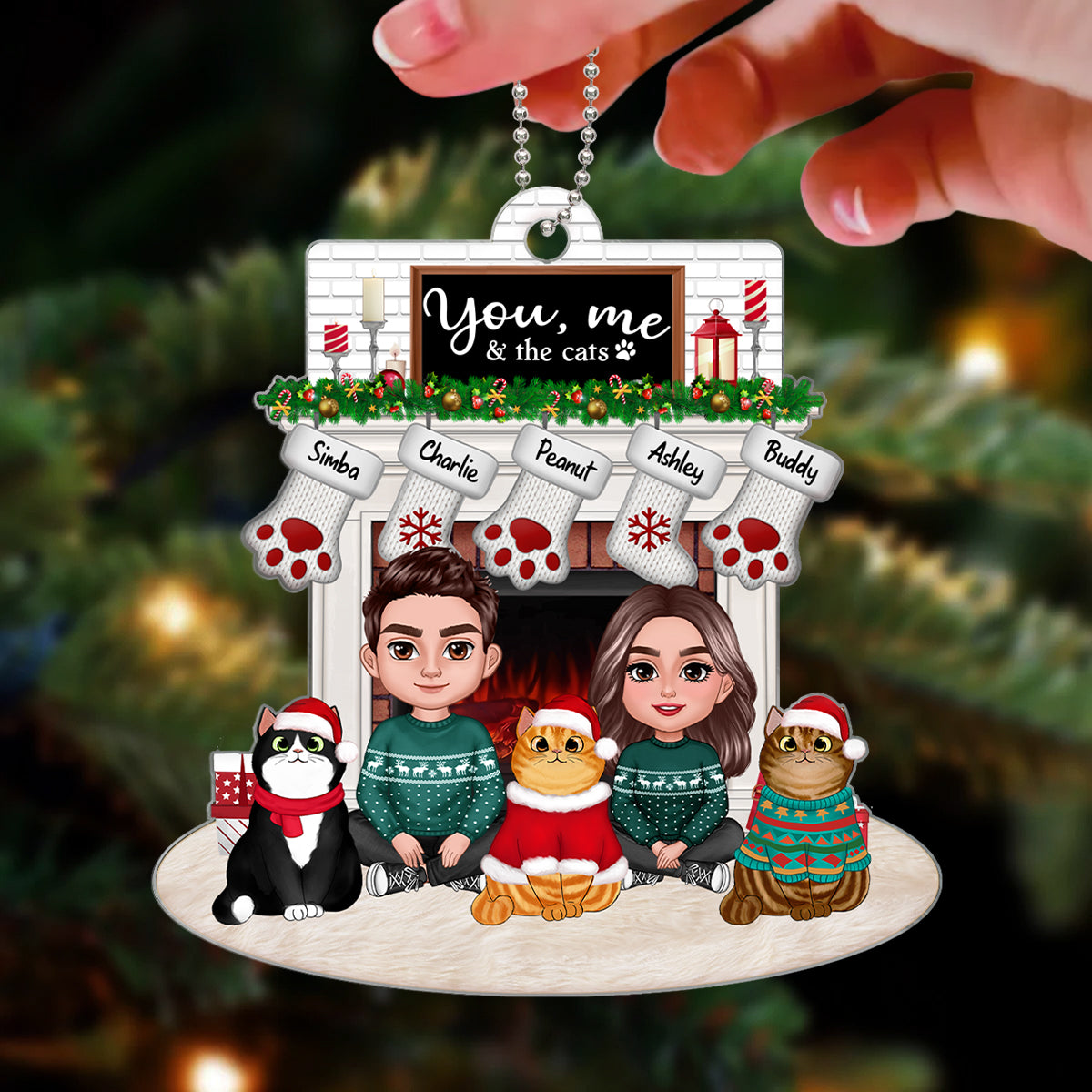 You Me & The Cats Couple Crossed Legs & Fluffy Cats Sitting At Christmas Fireplace Personalized Acrylic Ornament