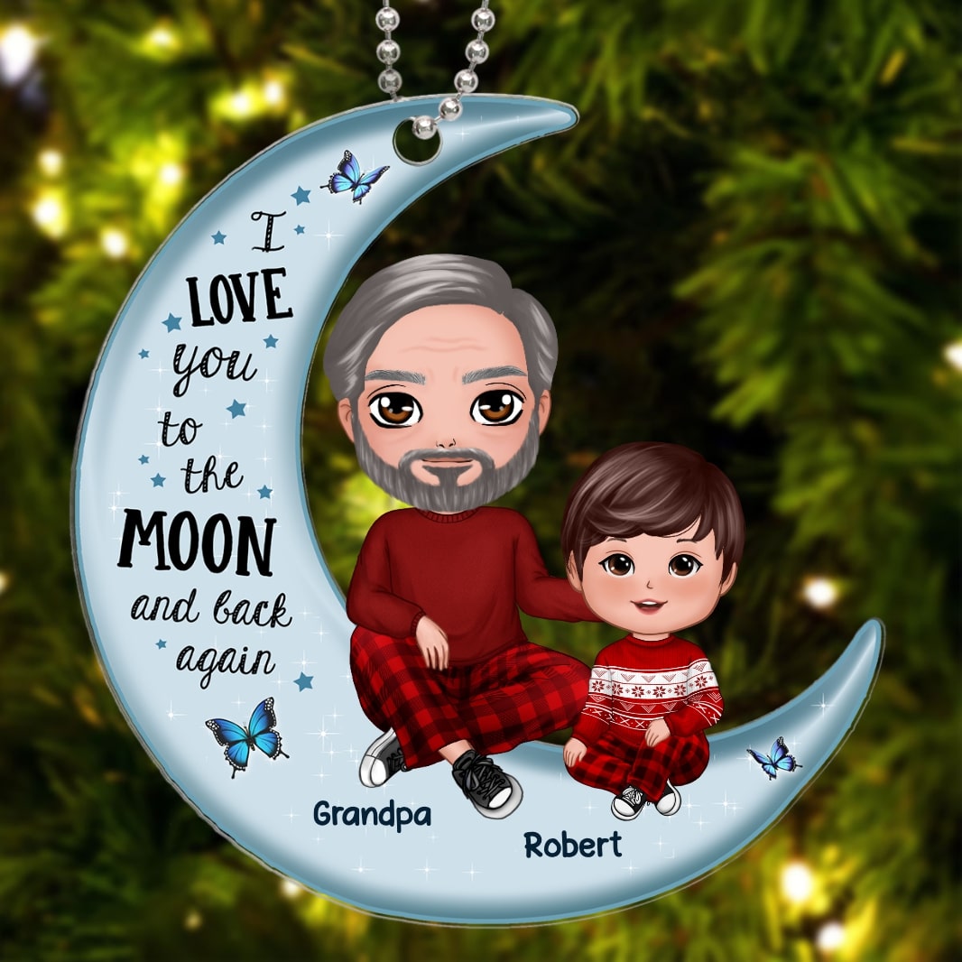 Grandpa Dad & Kid On Moon Christmas Gift Personalized Acrylic Ornament