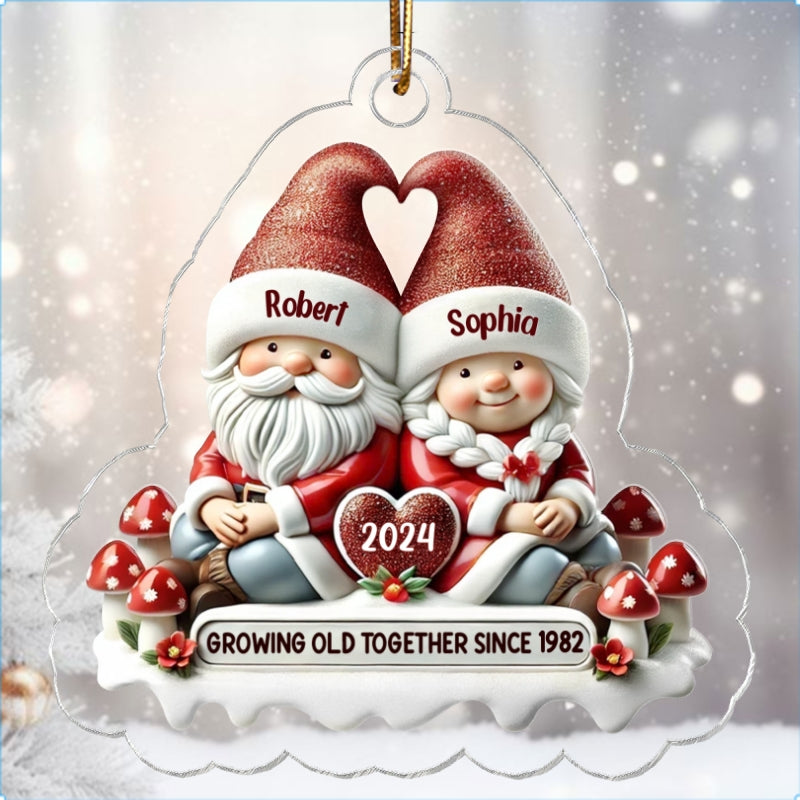3D Effect Gnome Couple - Personalized Acrylic Ornament - Gift for Him, Gift for Her