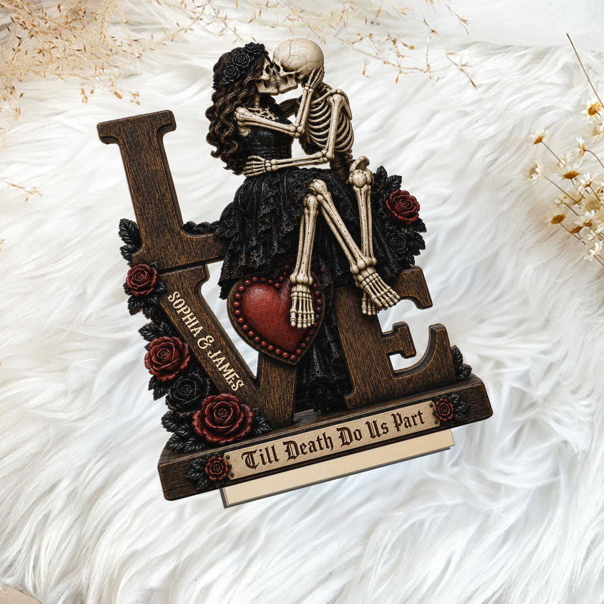 Skeleton Couple Kissing Eternal LOVE 2D Flat - Personalized 2-Layered Wooden Plaque - Halloween Decor For Couple