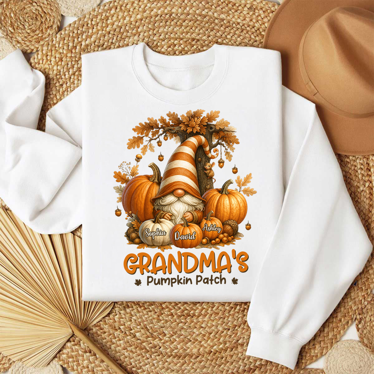 Gnome Grandma's Pumpkin Patch Personalized Fall Sweatshirt, Cozy Fall Sweatshirt for Grandma